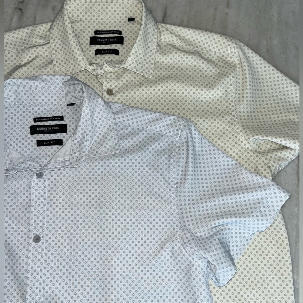 2 MENS KENNETH COLE SLIM FIT SS SHORT SLEEVE BUTTON UP VINTAGE LOOK FLOWERS Sz L